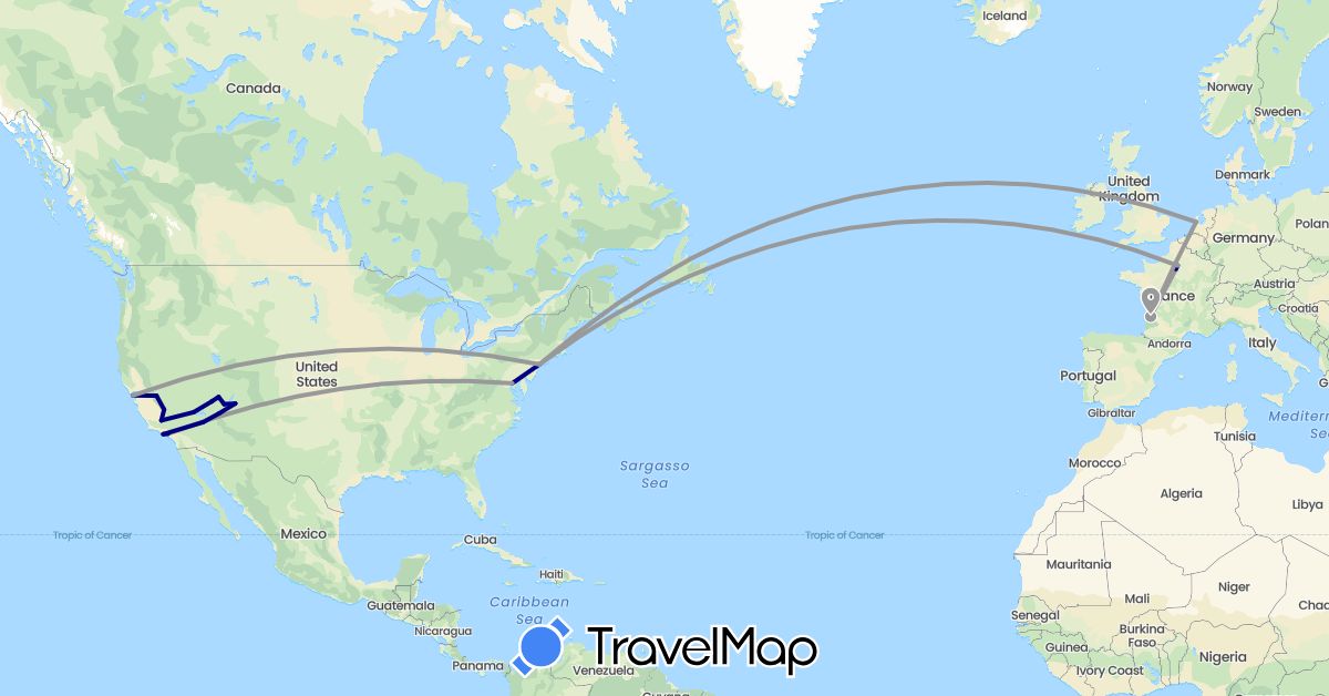 TravelMap itinerary: driving, plane in France, Netherlands, United States (Europe, North America)